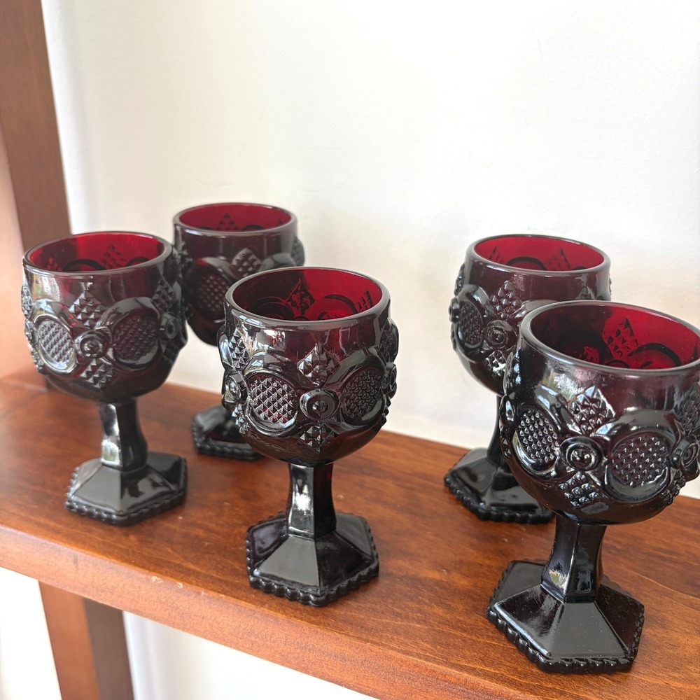 Avon 1876 Cape Cod Ruby Red Wine Goblets Set of 5 Vintage Pressed Glass 4.5in